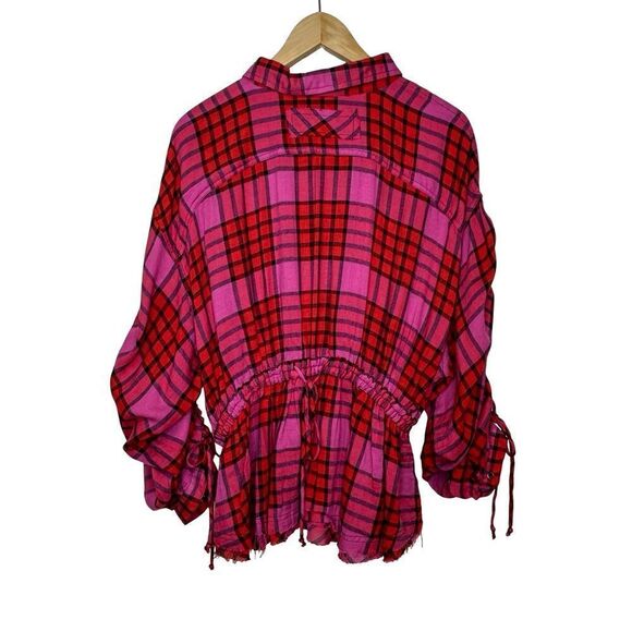 WE THE FREE Pacific Dawn Plaid Shirt Red Pink Cinch Waist Tie Back Size Large - Picture 9 of 16